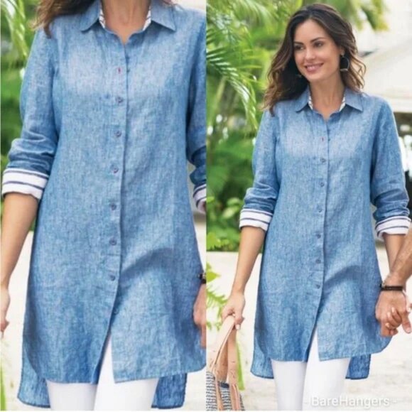 Soft Surroundings 100% Linen Lagenlook Chambray Blue Button Up Tunic Shirt 1X - Picture 16 of 16